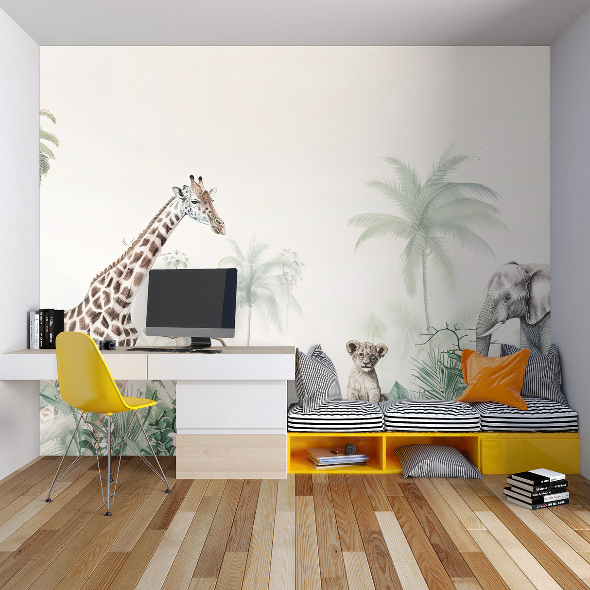 Safari animal wallpaper creating a cozy reading nook in a modern nursery with natural light