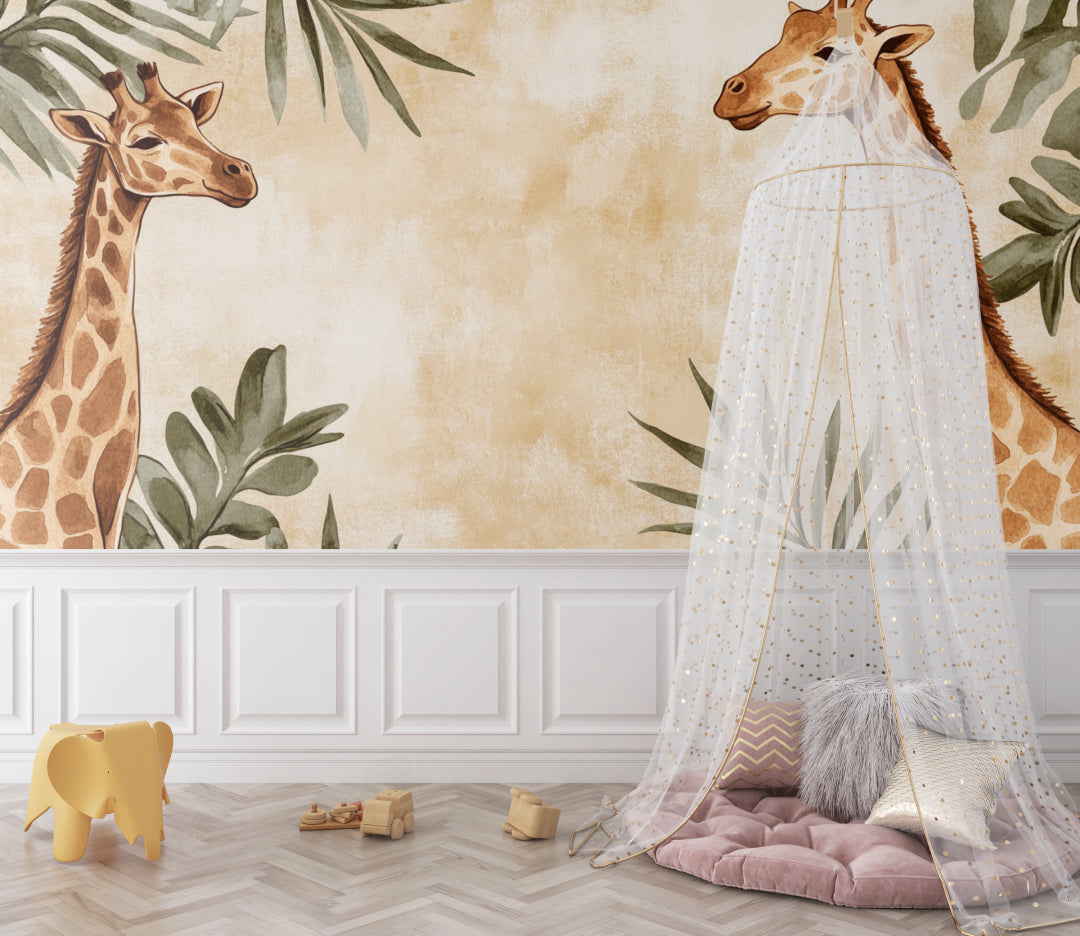 Safari wallpaper mural in bright nursery with wooden crib and natural decor