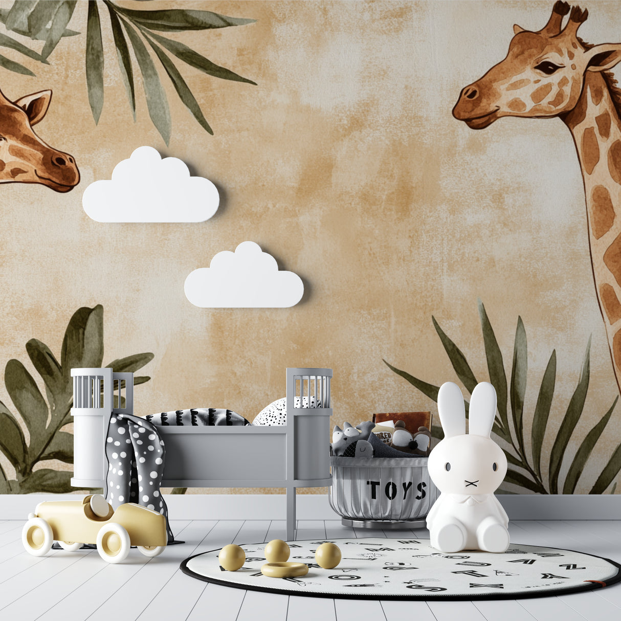 Beige giraffe wallpaper bringing warmth to modern children's space
