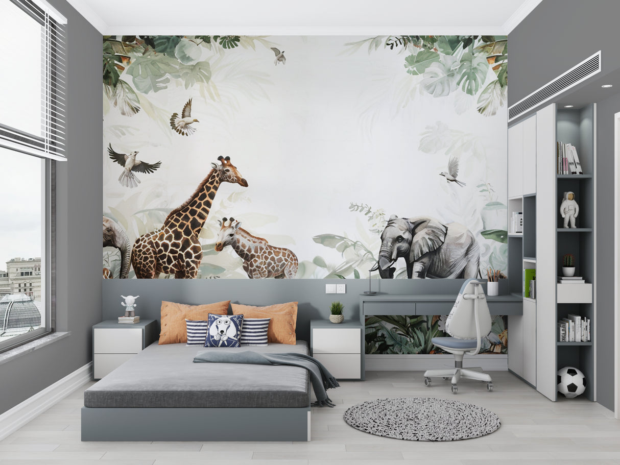 Jungle animals wallpaper creating focal point in modern living room with neutral decor