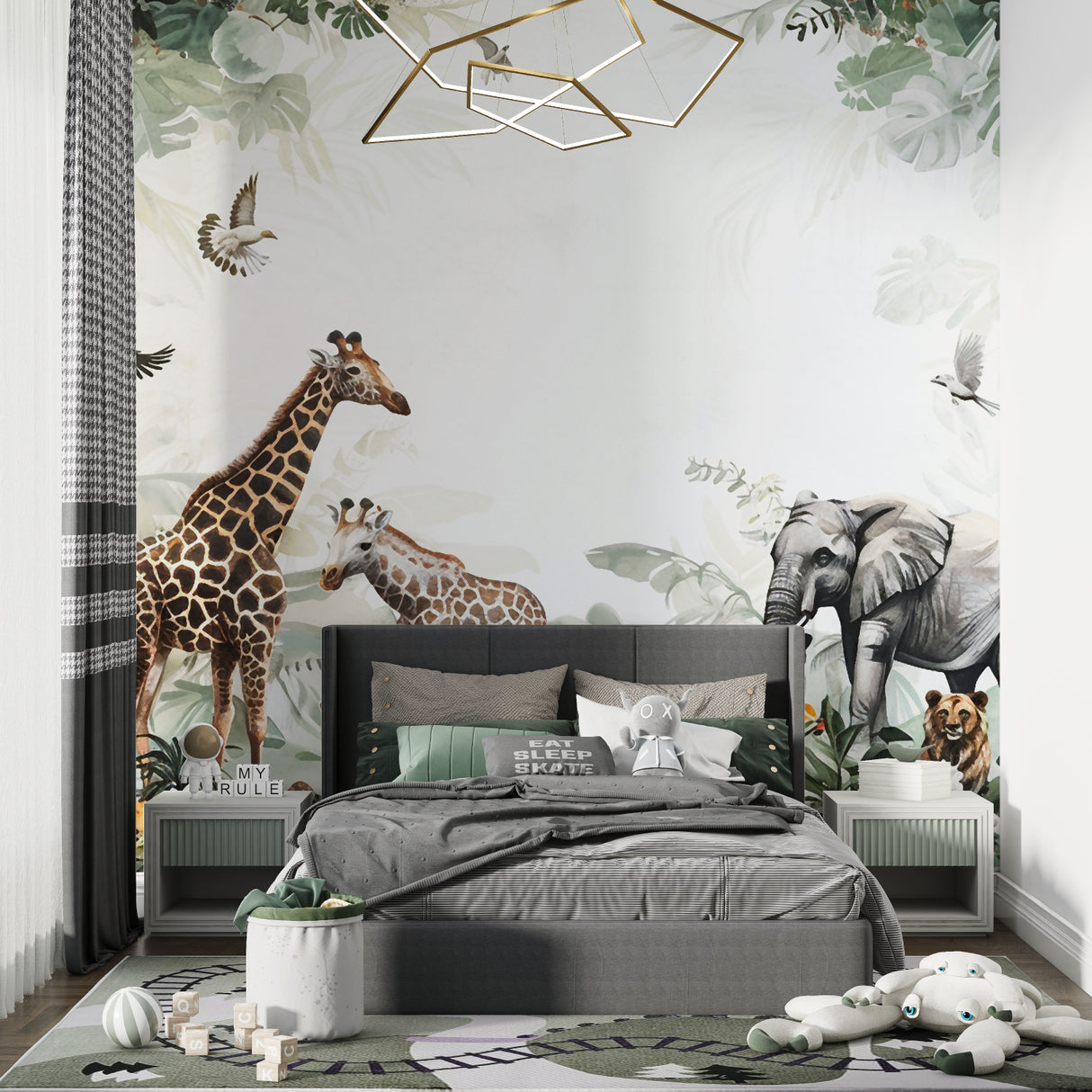 Safari mural wallpaper brightening playroom space with educational wildlife theme