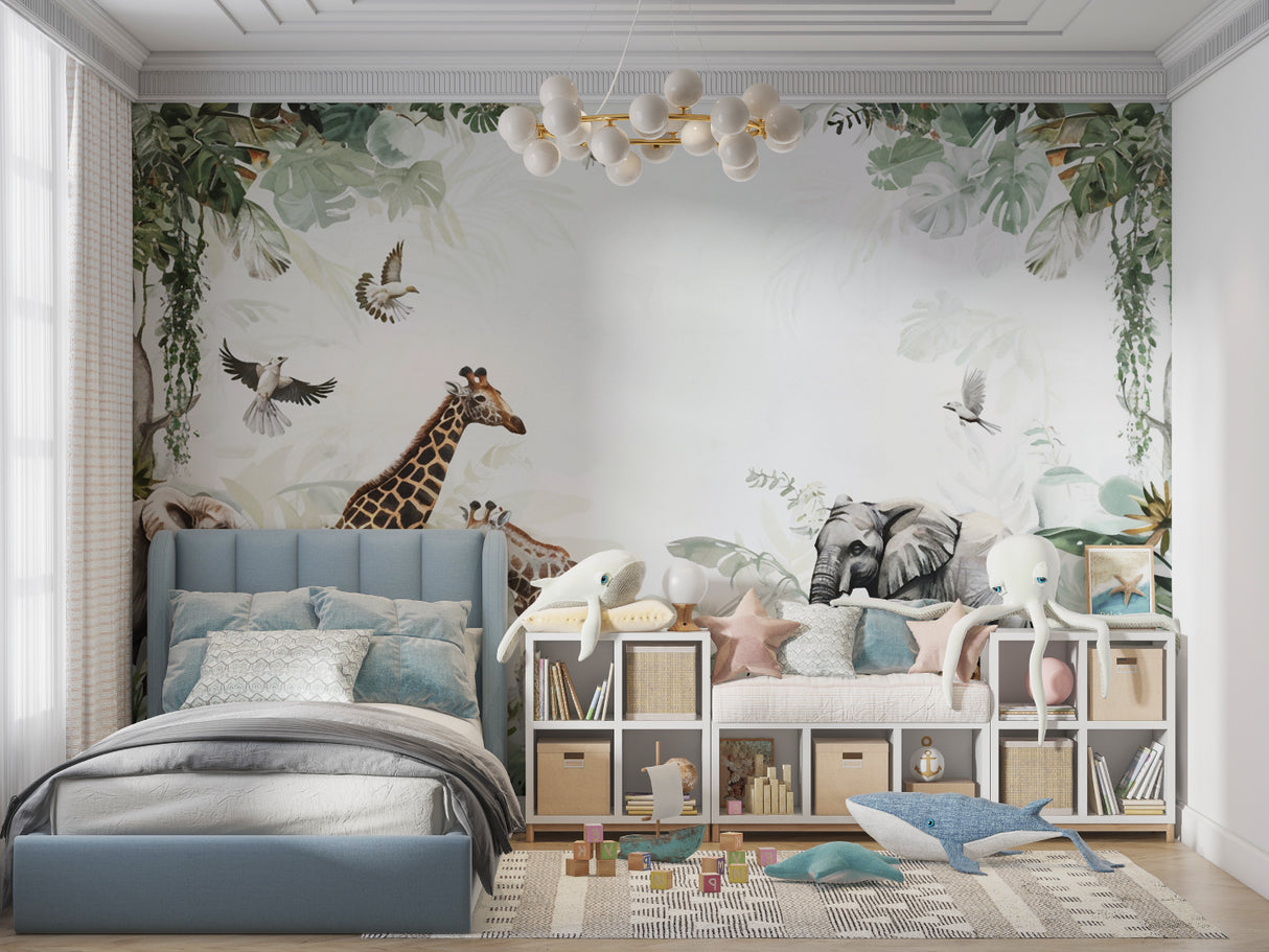 African wildlife wallpaper installation in children's bedroom with natural lighting