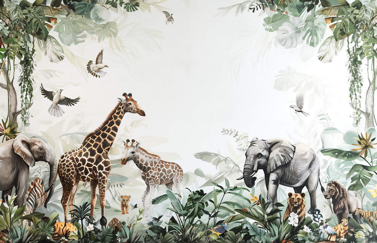Safari animals and monstera leaves design file showing intricate wildlife pattern details