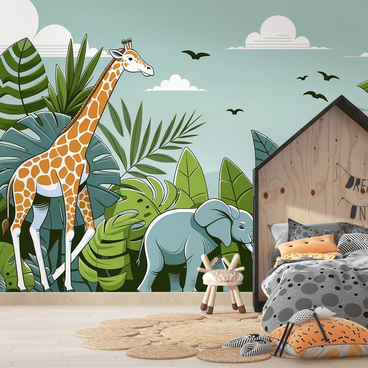 Safari animal wallpaper bringing jungle magic to a bright kids bedroom, with giraffe and elephant against mint-green backdrop