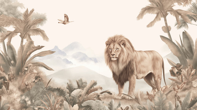 Safari lion wallpaper mural in modern living room creating bold focal point with neutral furniture