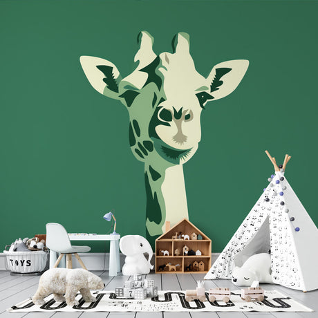 Minimalist Giraffe Safari Wallpaper creating a calming green focal point in a modern nursery with natural wood furniture