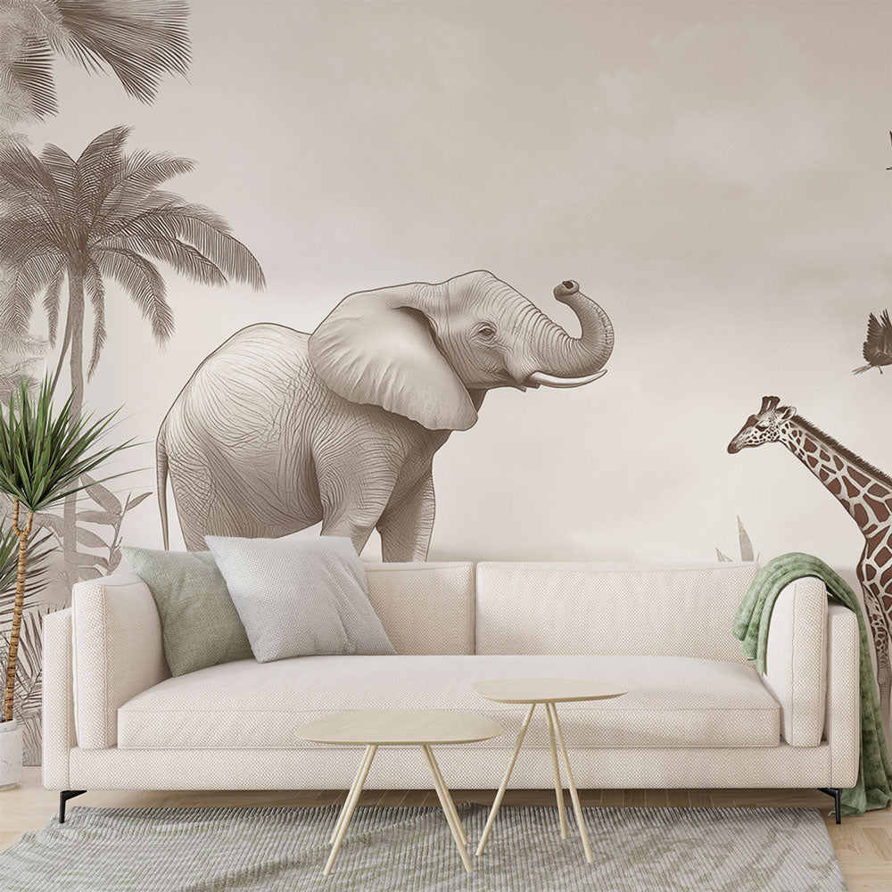 Safari Mural Wallpaper shown in modern nursery with neutral decor, featuring elegant elephant and giraffe design