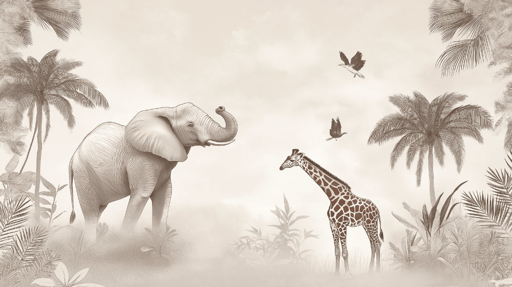 Safari Wallpaper design file showing detailed monochrome elephant and giraffe pattern