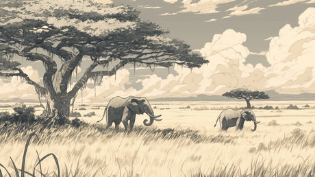 Safari Elephant Wallpaper design file showing detailed monochrome African landscape pattern