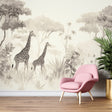 Monochrome Safari Wallpaper with gentle giraffe design styled in modern minimalist living room with gray furniture
