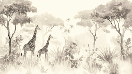 Giraffe wallpaper design file showing full monochrome savanna pattern with detailed wildlife scene
