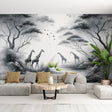 Black and white safari wallpaper mural showcased in a modern living room, creating a peaceful monochrome statement wall