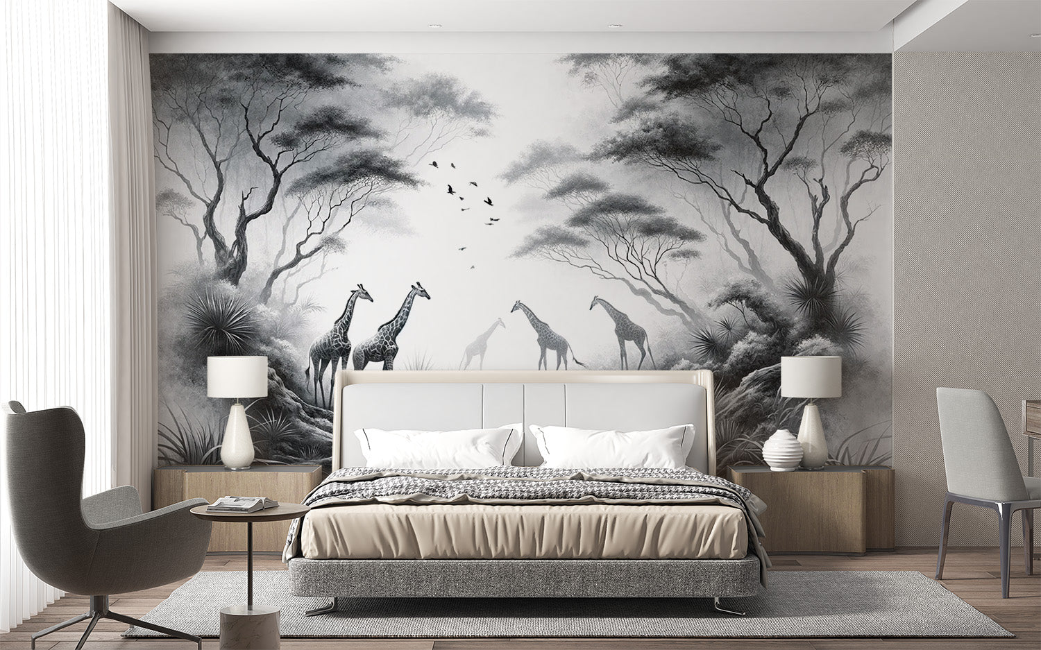 Monochrome giraffe safari wallpaper design file showing the complete pattern with misty savanna landscape