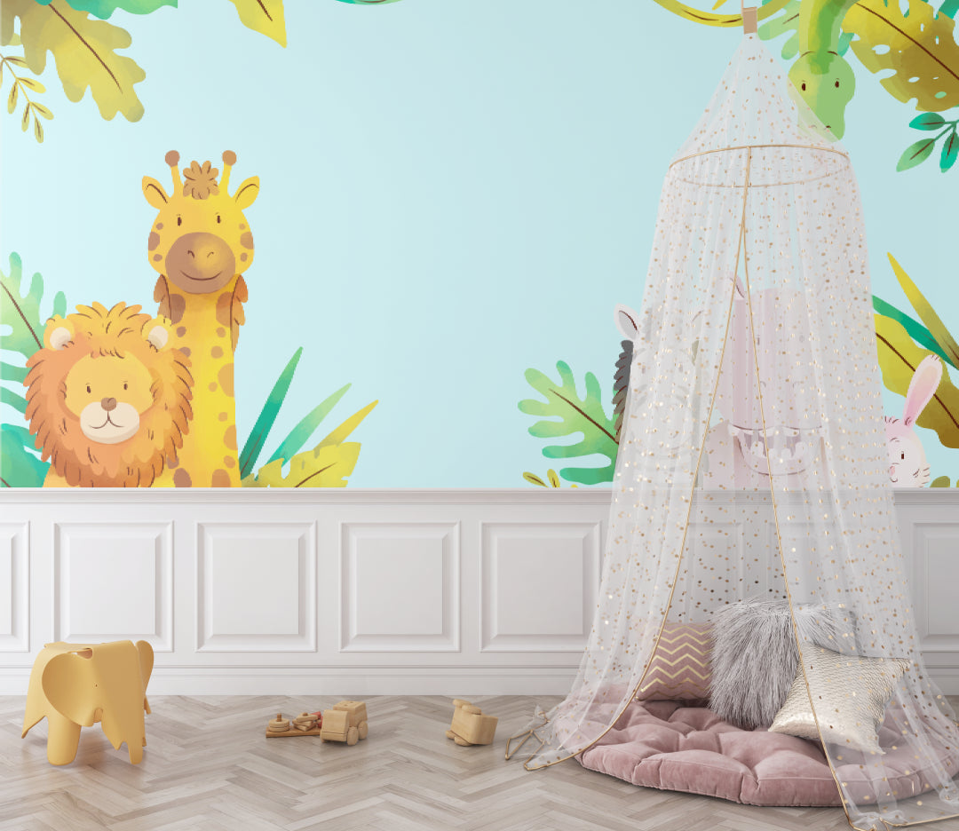 Kids safari wallpaper creating a fun atmosphere in a bright playroom with reading nook