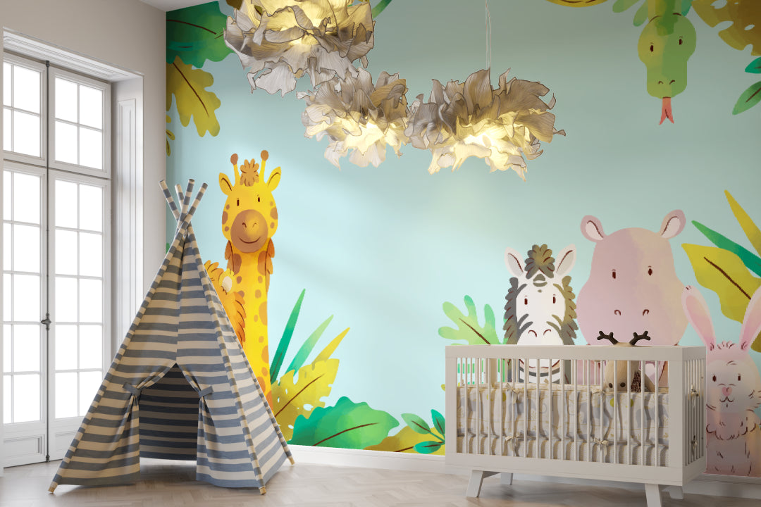 Safari animal mural transforming a daycare space with its friendly characters