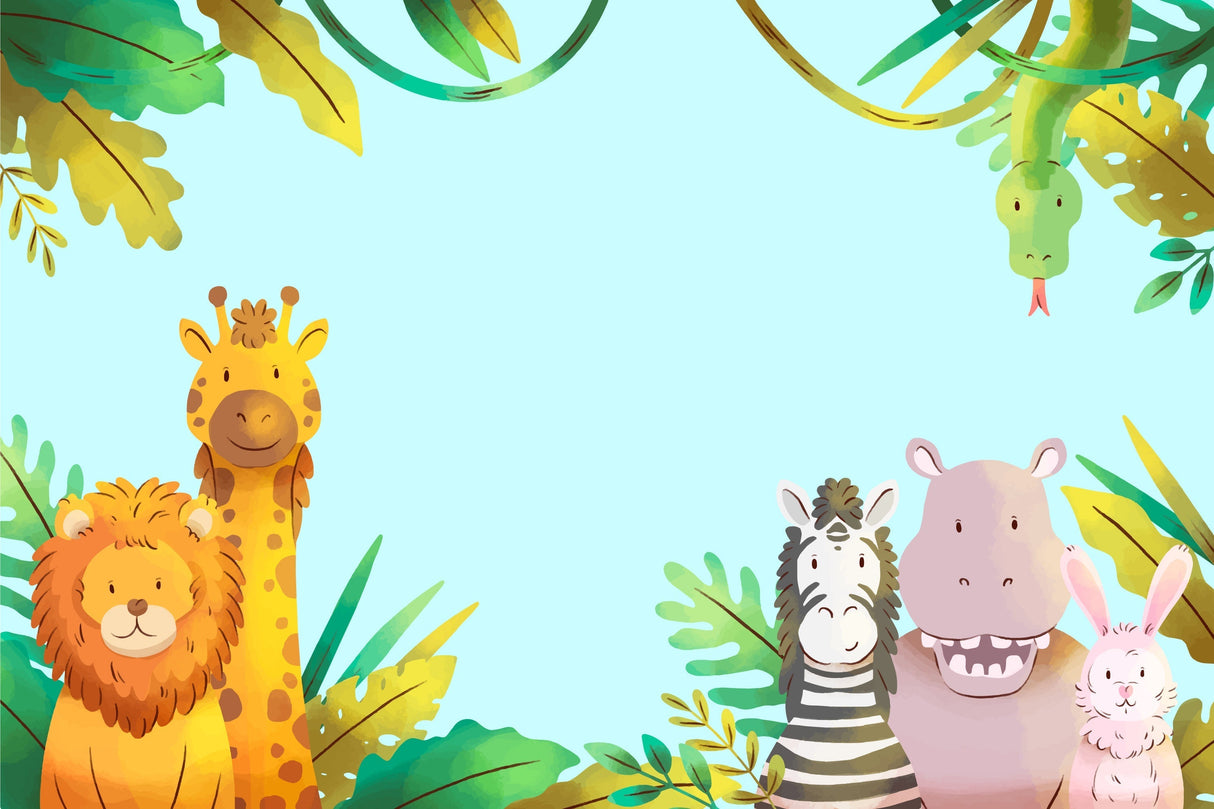 Design file showing full safari animals pattern with giraffe, lion, zebra and hippo on mint background