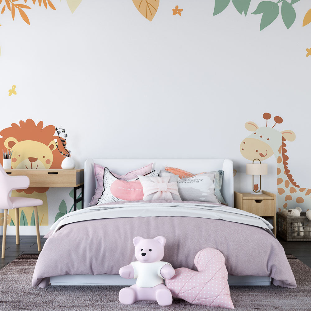 Safari animals wallpaper creating a warm atmosphere in a modern nursery, featuring friendly lion and giraffe characters