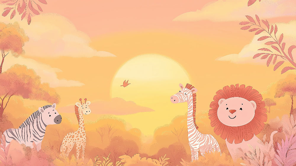 Safari animals wallpaper bringing warmth to a modern nursery, with gentle giraffes and lions against a sunset backdrop