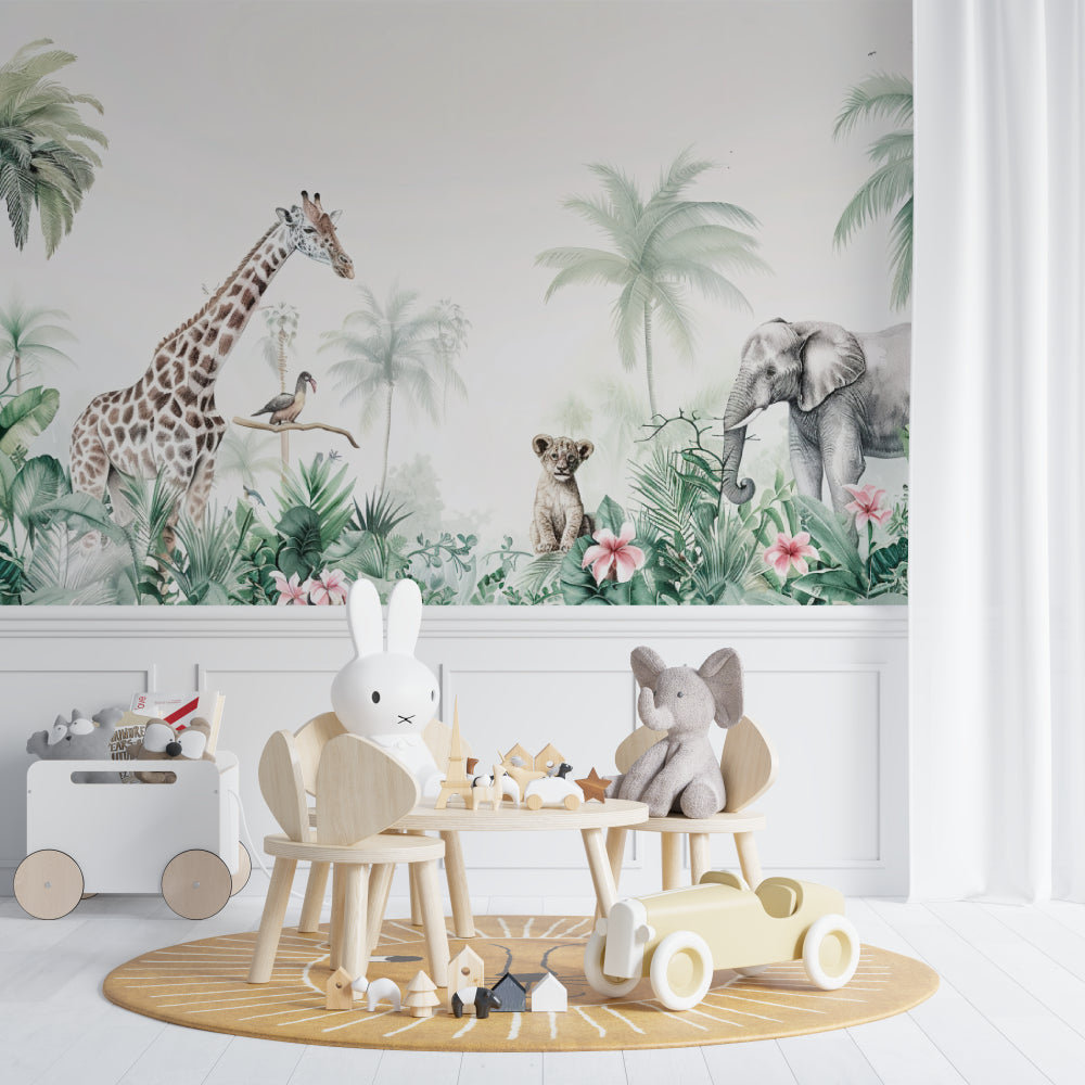 Safari animal wallpaper bringing life to a bright nursery with giraffe and elephant friends