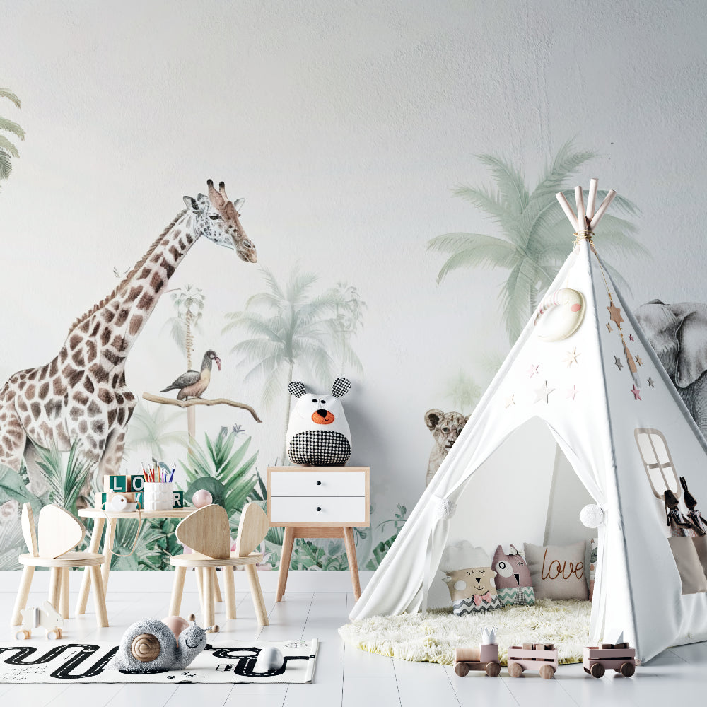 Tropical safari mural creating a peaceful atmosphere in a kids bedroom