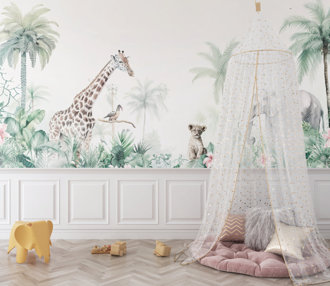 Safari wall mural adding warmth to a modern nursery setting