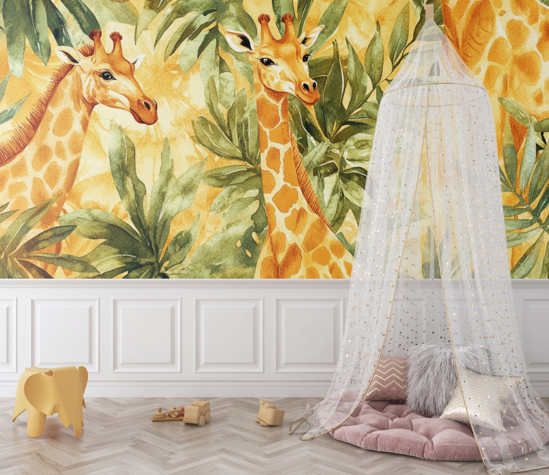 Safari Mural Wallpaper creating a magical atmosphere in a bright nursery with natural light