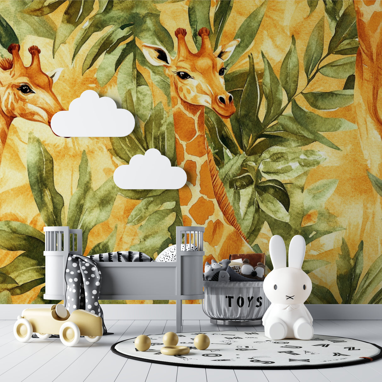 Safari themed wallpaper bringing warmth to a modern playroom setting