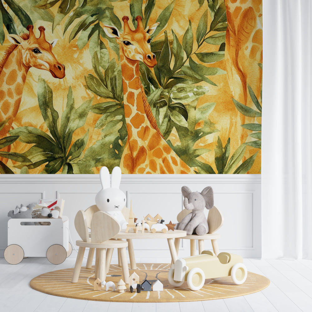 Watercolor Giraffe Mural making a statement in a cozy reading nook