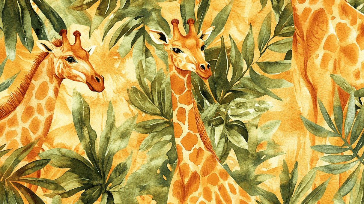 Safari Mural Wallpaper design file showing detailed watercolor giraffes and tropical leaves pattern
