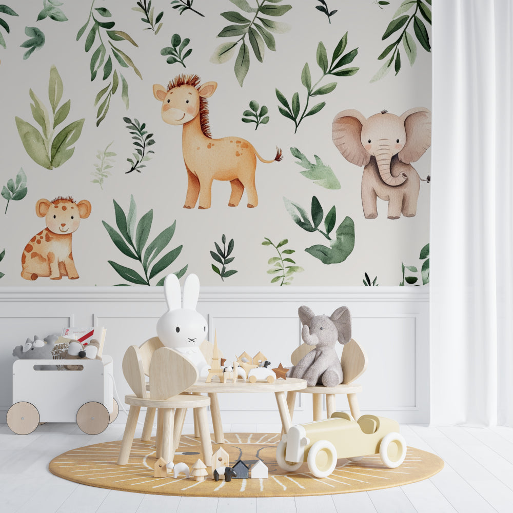 Safari animals wallpaper in a bright nursery with white furniture showing gentle watercolor jungle theme
