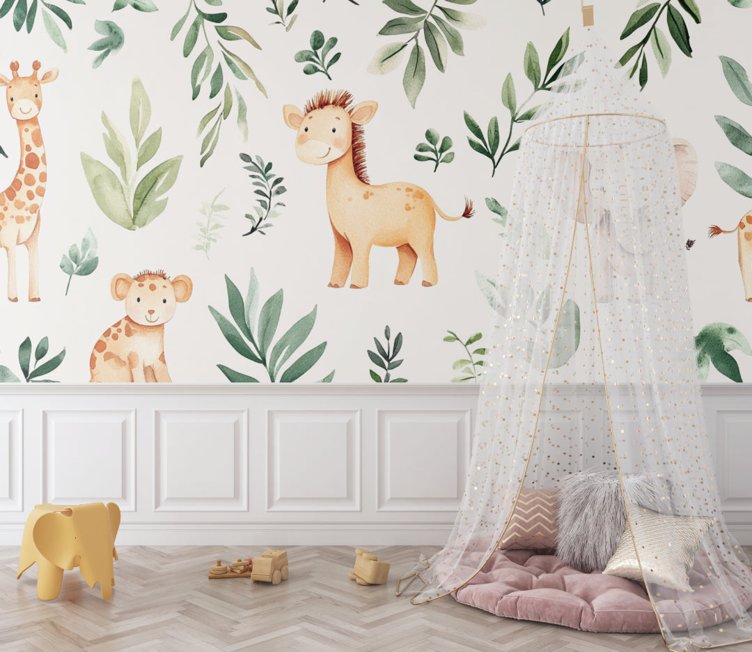 Watercolor jungle wallpaper in a playroom featuring baby elephants and giraffes