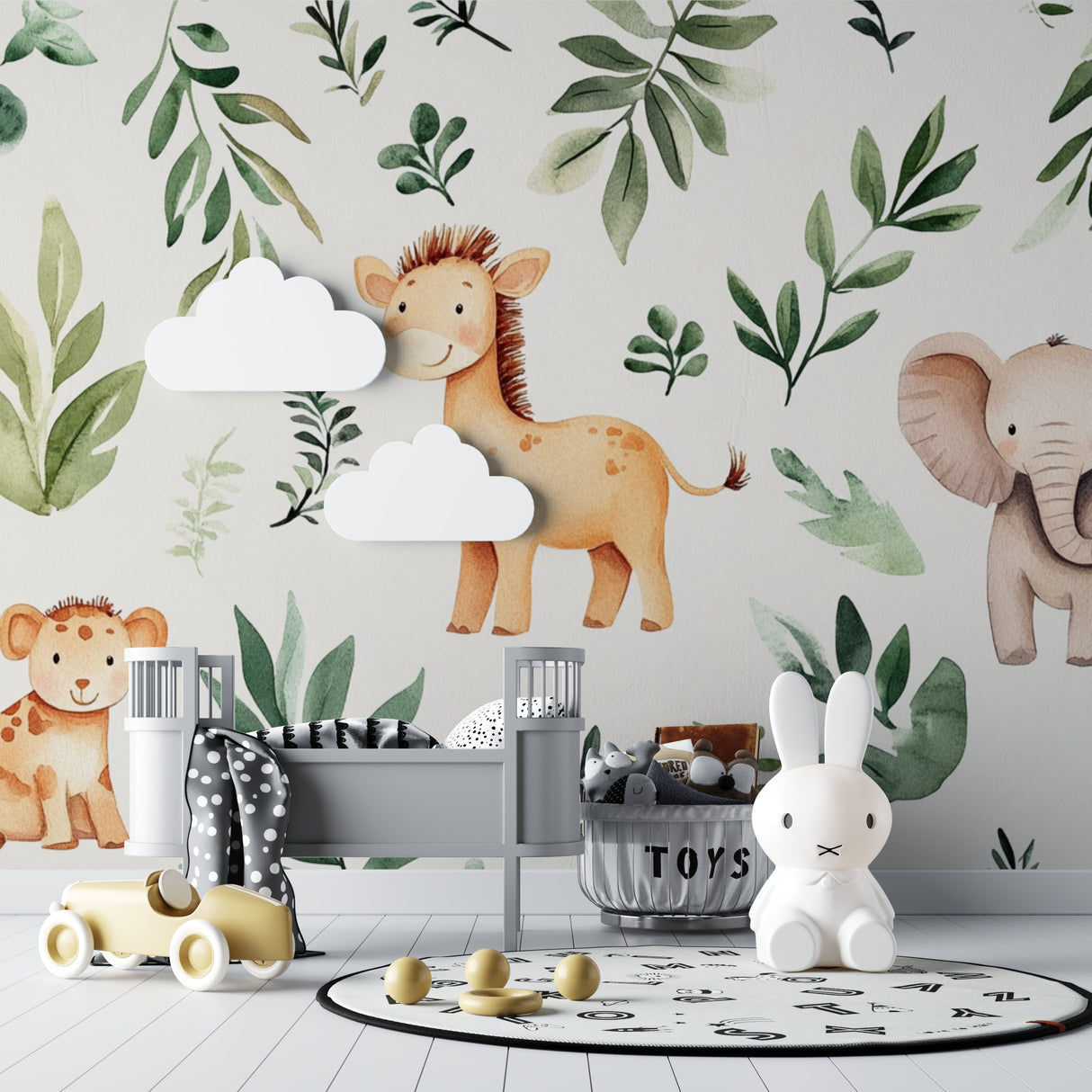 Safari nursery wallpaper showcased in a modern children's bedroom with natural light