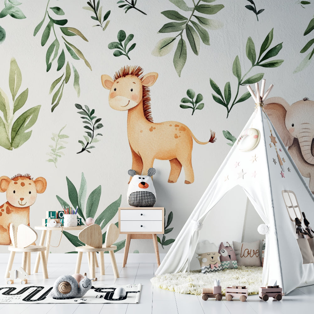Jungle animals wallpaper creating a soft atmosphere in a reading nook
