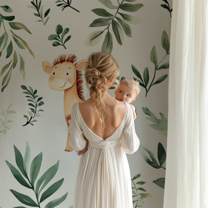 Baby safari wallpaper displayed in a gender-neutral nursery setting