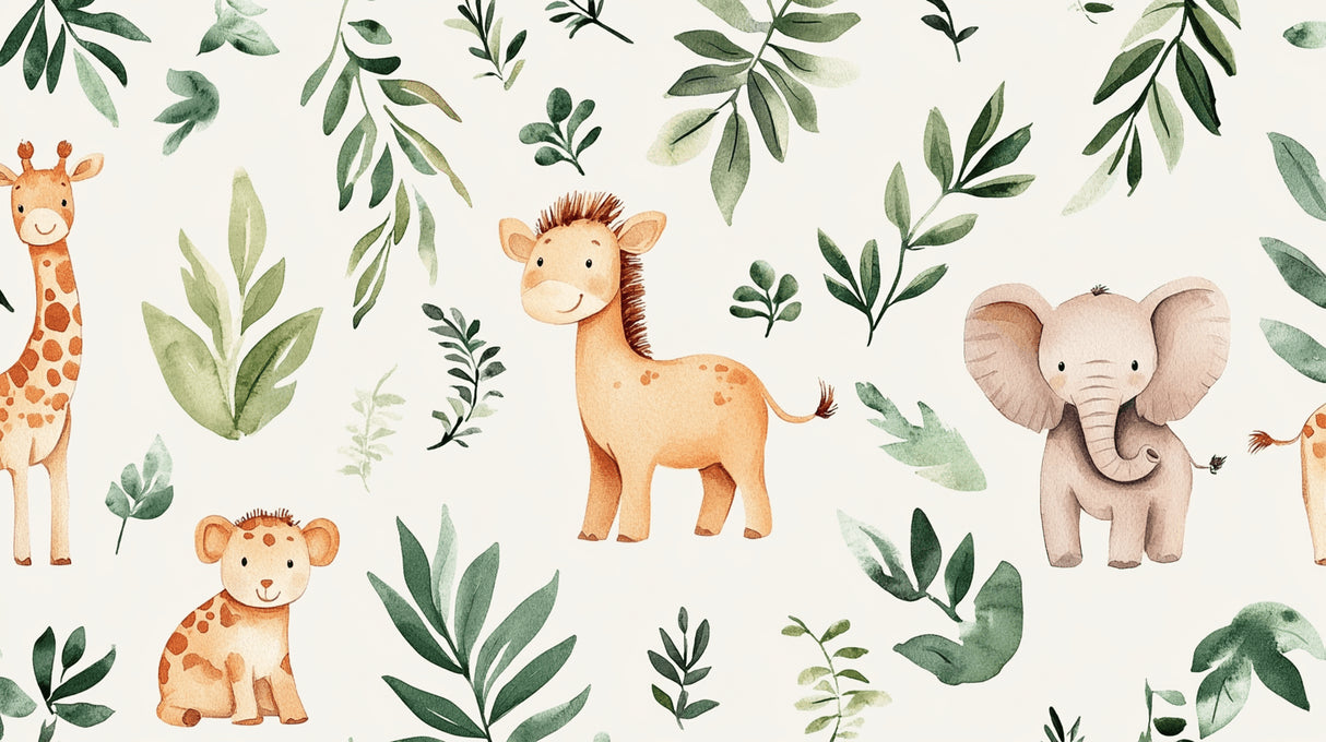 Watercolor safari animals and leaves pattern design file showing full mural detail