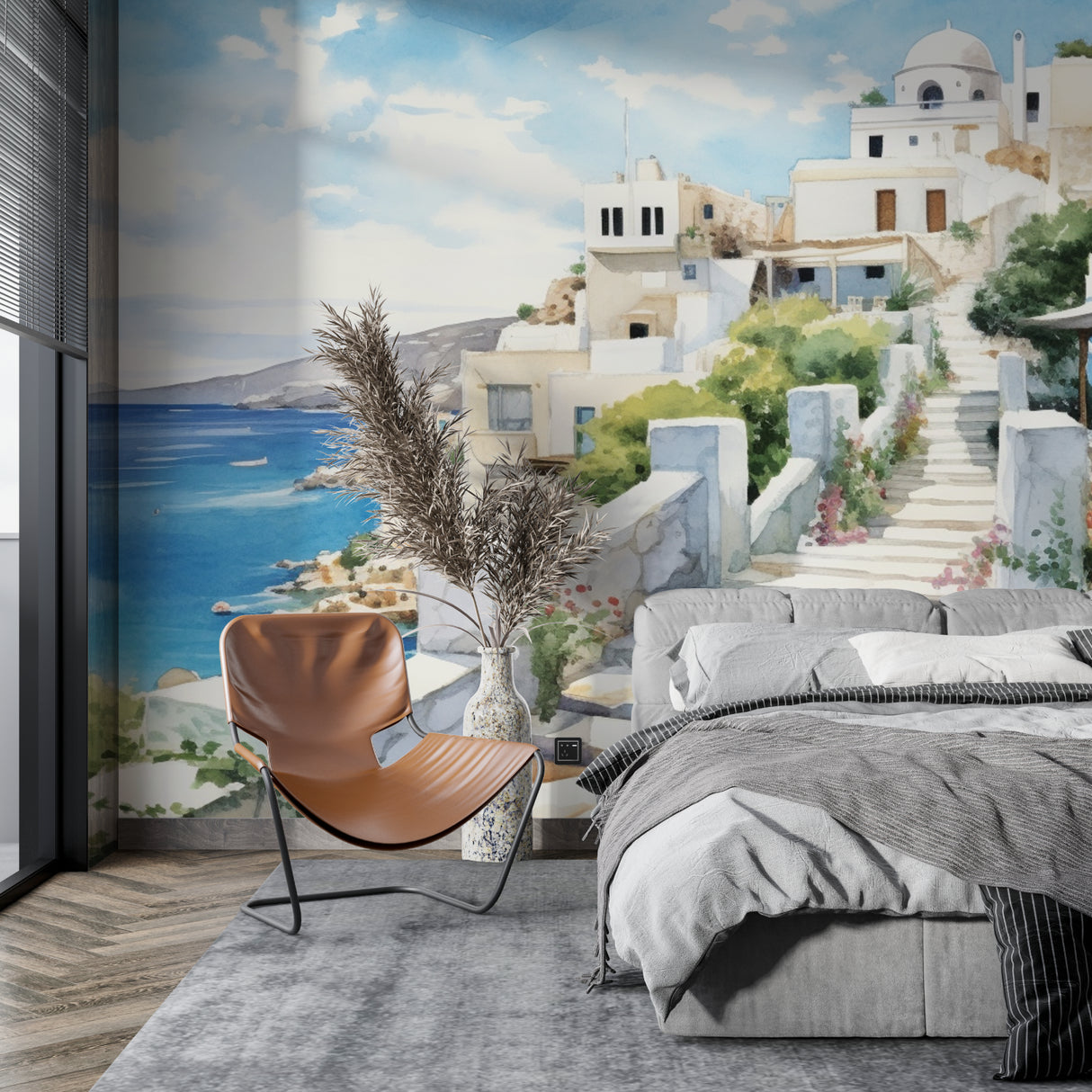Santorini wall mural bringing Mediterranean charm to a sunny dining room setting