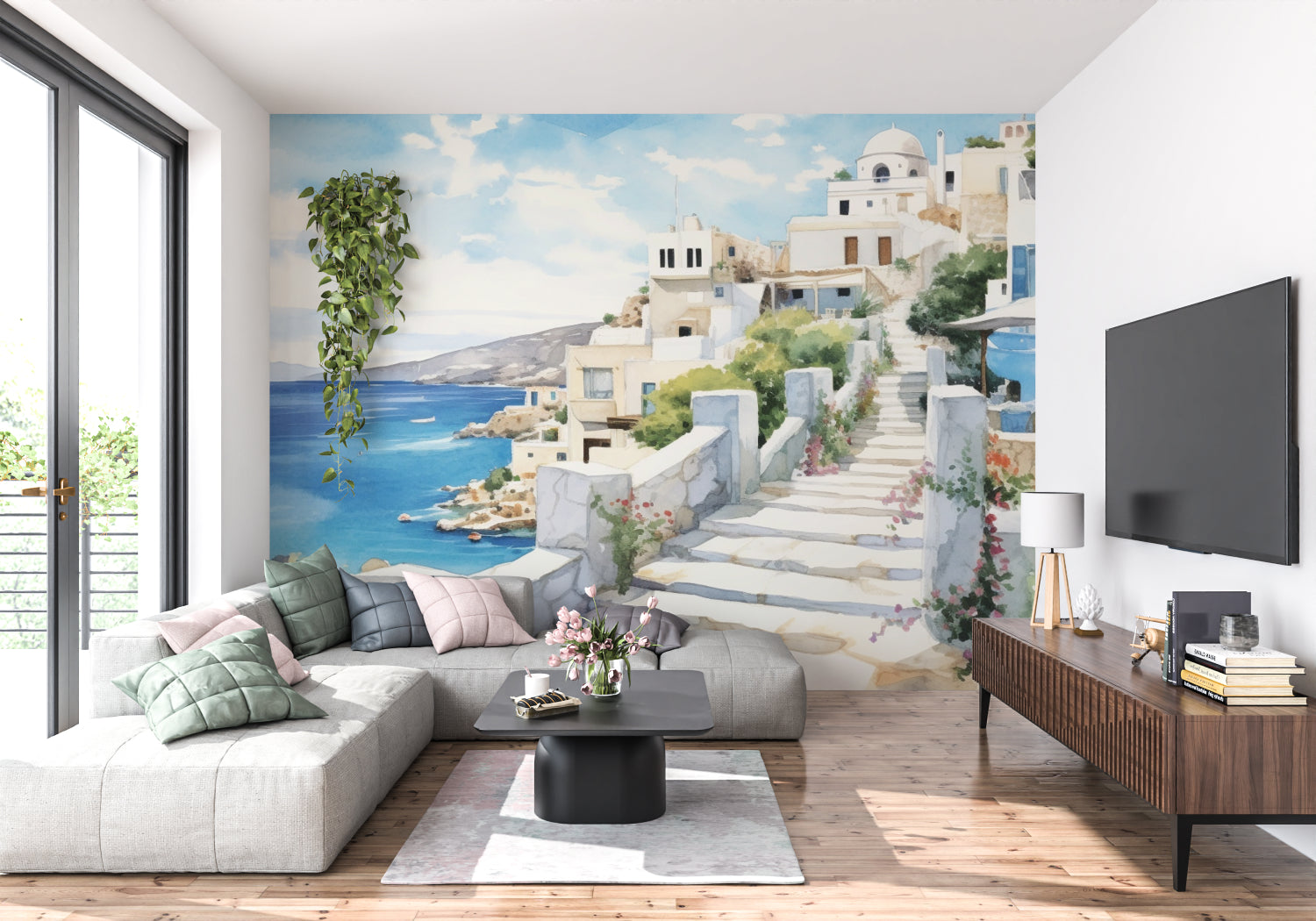 Greek island wallpaper transforming a bedroom into a coastal retreat