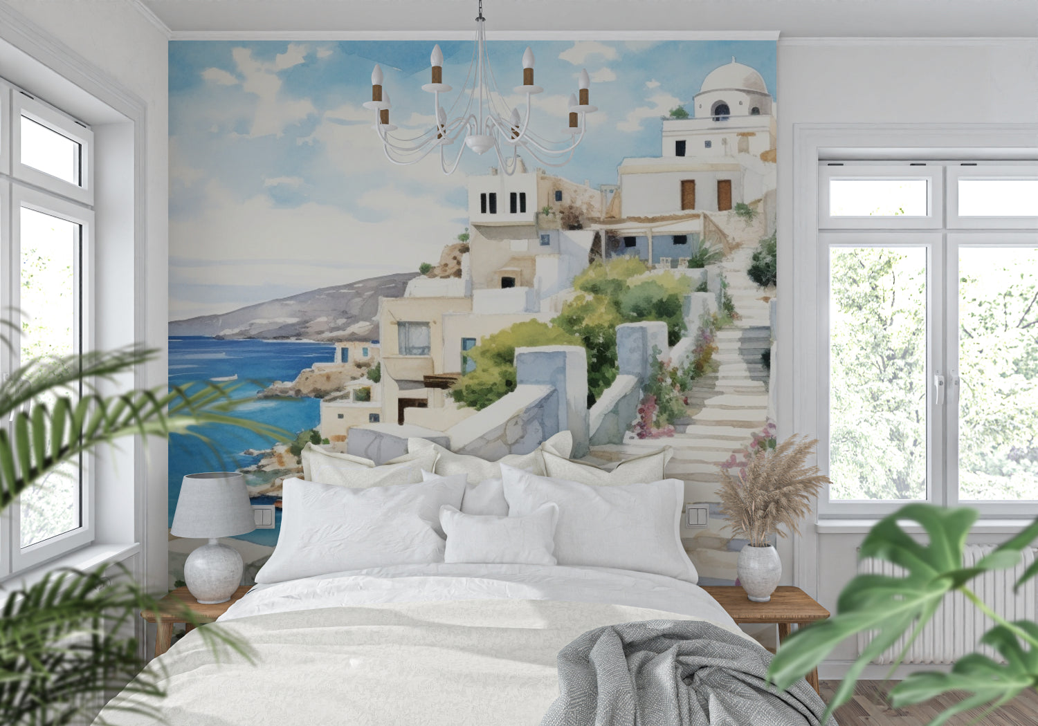 Mediterranean scene wallpaper making a dramatic statement in a home office