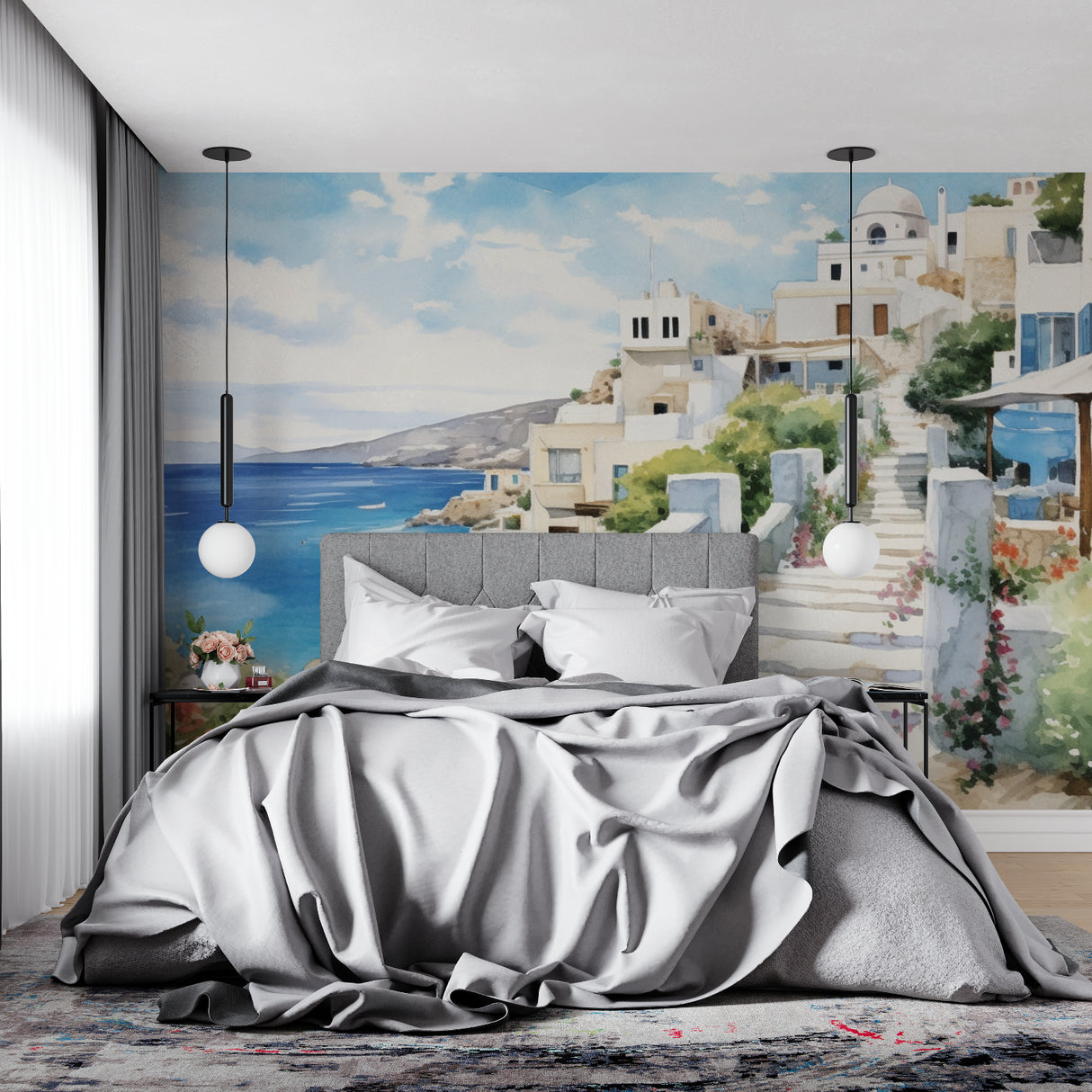 Watercolor Santorini mural creating depth in a minimalist hallway