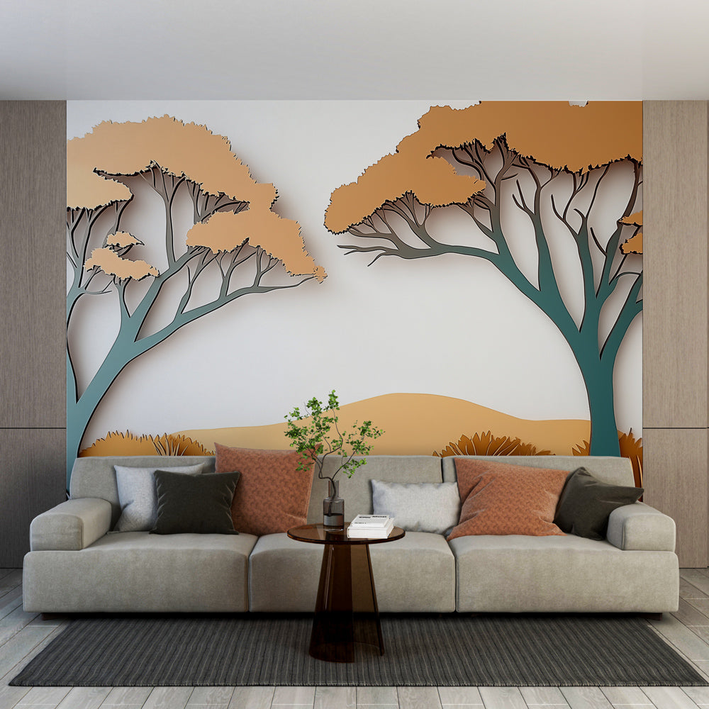 Modern 3D paper cut tree wallpaper creating depth in a minimalist living room with natural lighting