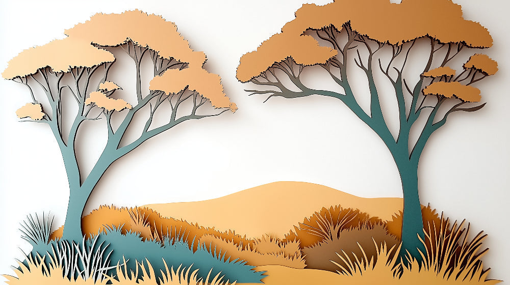 African savanna tree design file showing detailed paper cut effect and teal-blue color palette