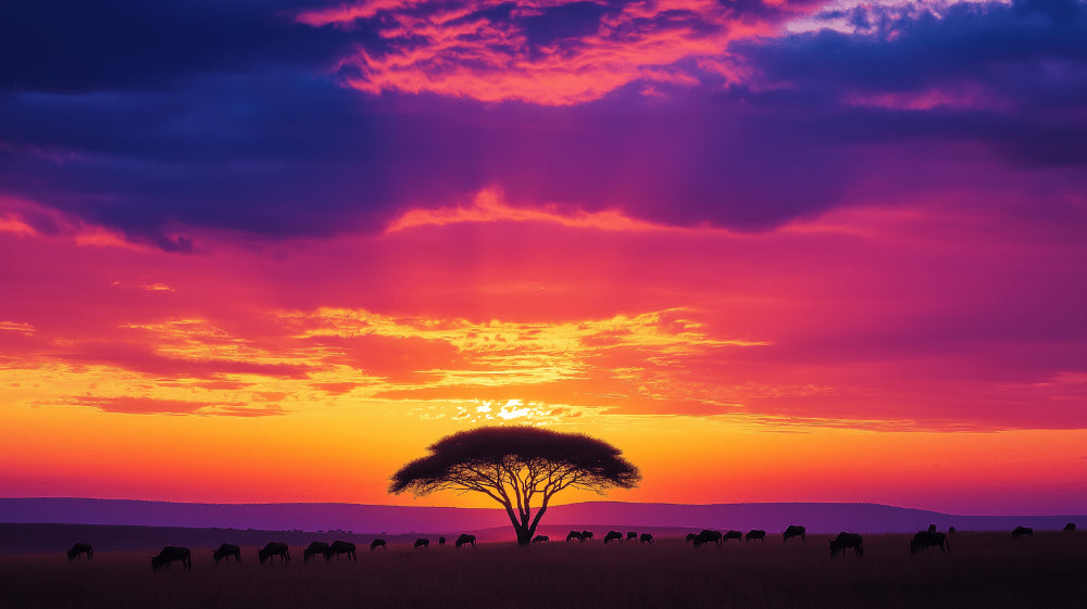African savanna sunset design file showing detailed wildlife silhouettes against orange sky