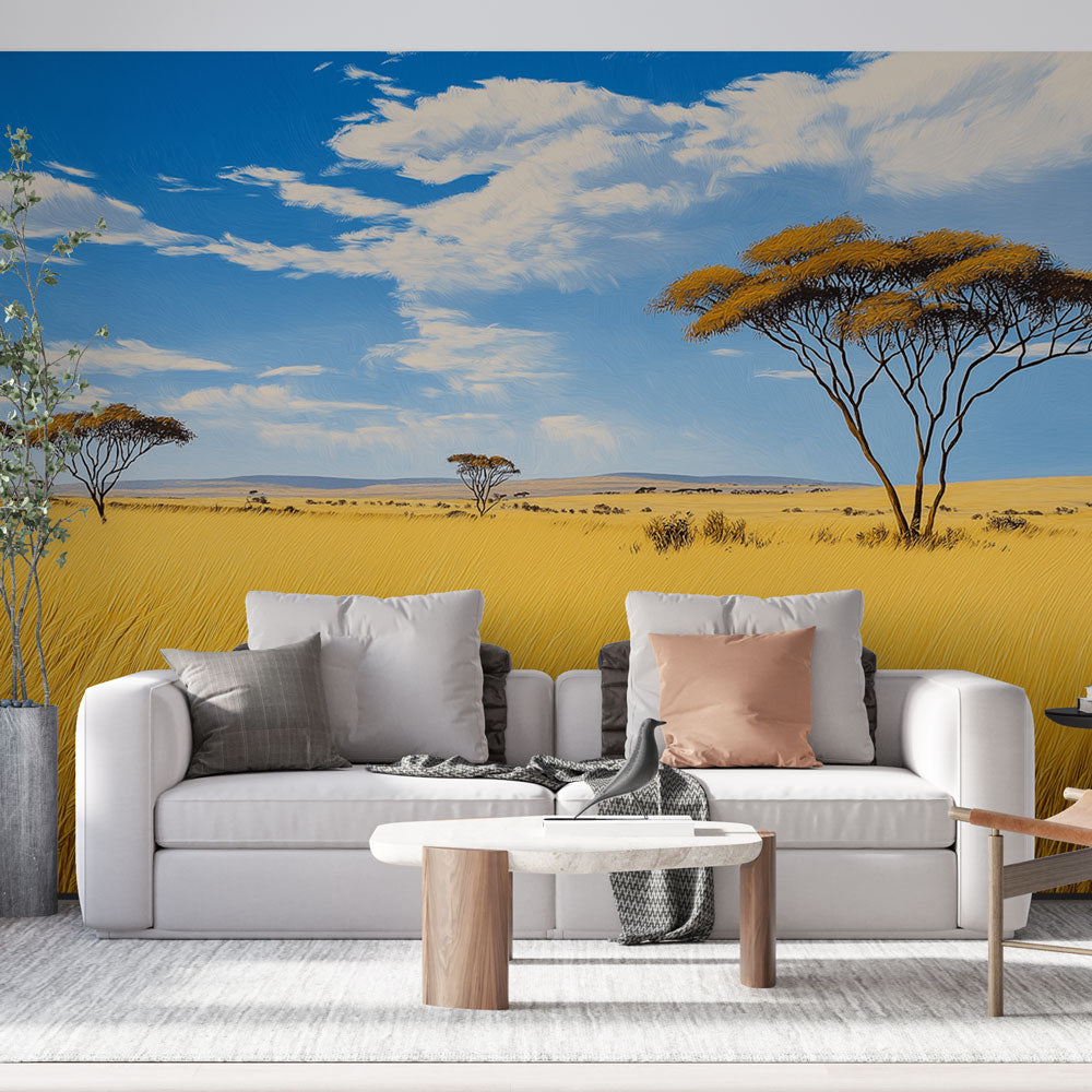 African savanna wallpaper mural showcased in a bright living room, bringing natural warmth to modern interiors