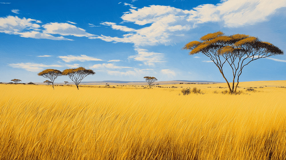 Savanna landscape wallpaper design file showing detailed acacia trees and golden grasslands pattern