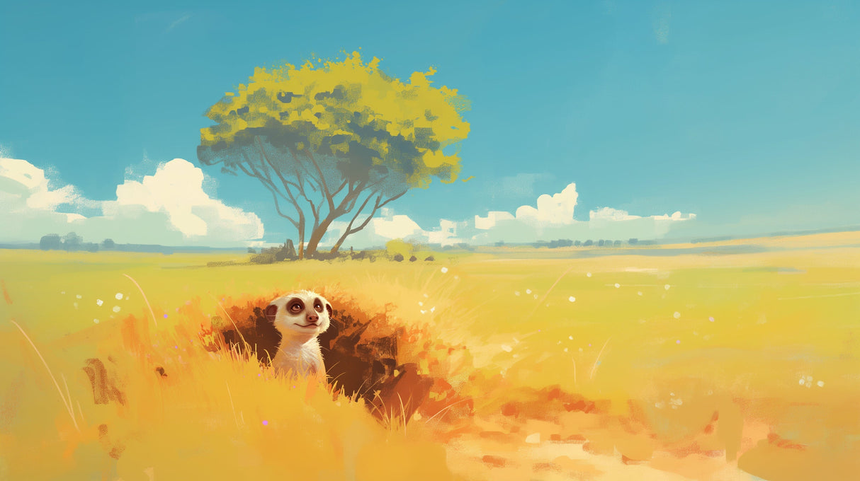 Savanna mural wallpaper with playful meerkat scene brightening a modern children's bedroom with natural light