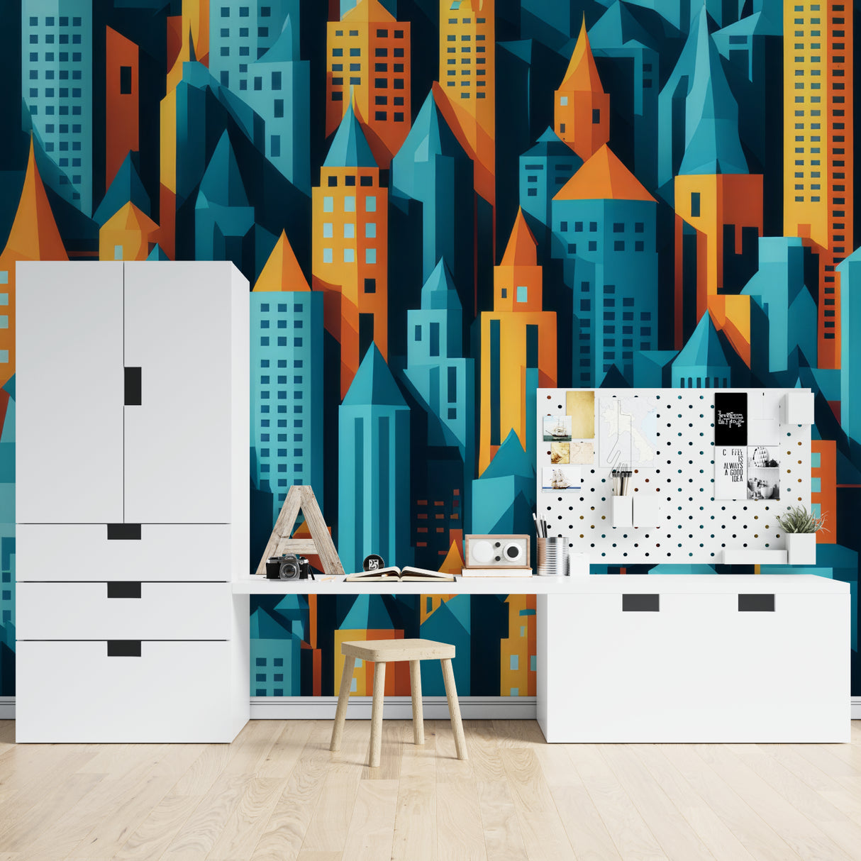 Futuristic robot wallpaper in contemporary office space