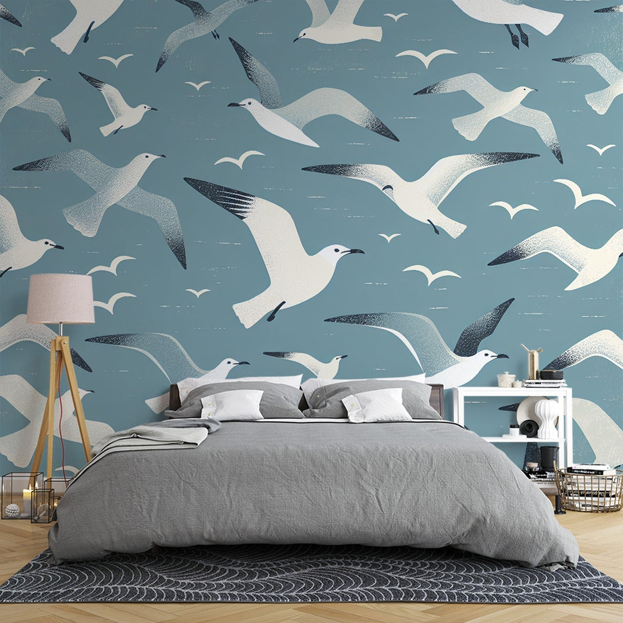 Modern Seagull Wallpaper displayed in a bright coastal living room with white furniture and natural light