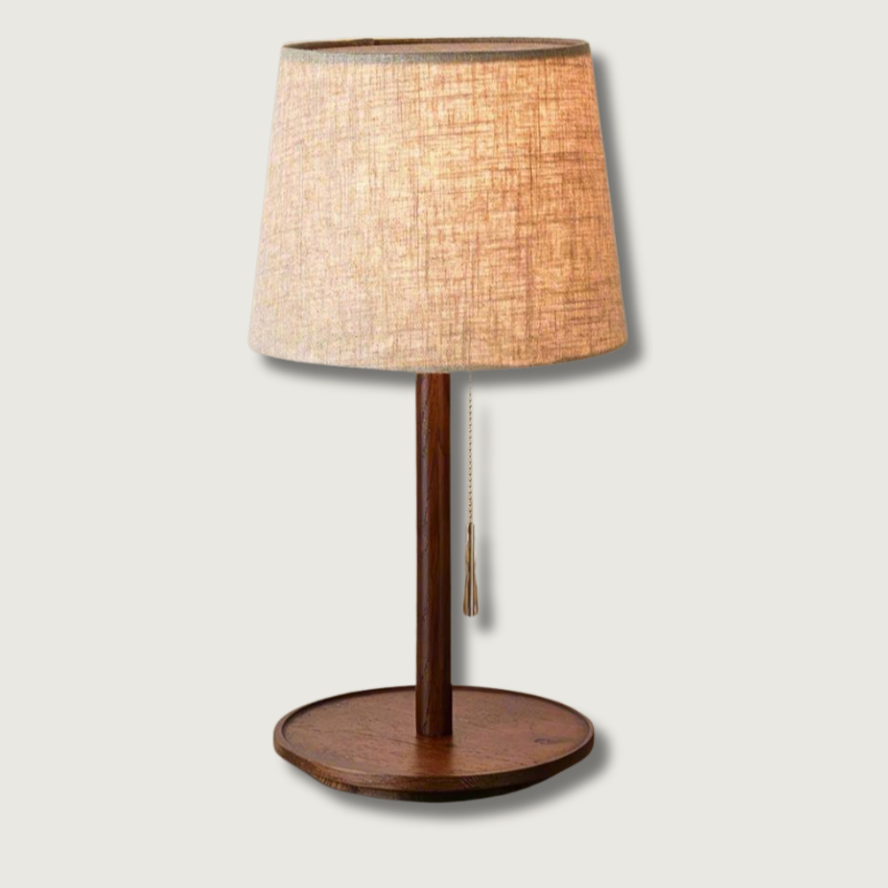 Mid Century Table Lamp  Walnut Wood Base with Linen Shade - Product showcase