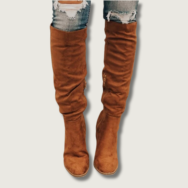 Suede Knee High Boots  Cognac Brown Slouchy Design - Product showcase