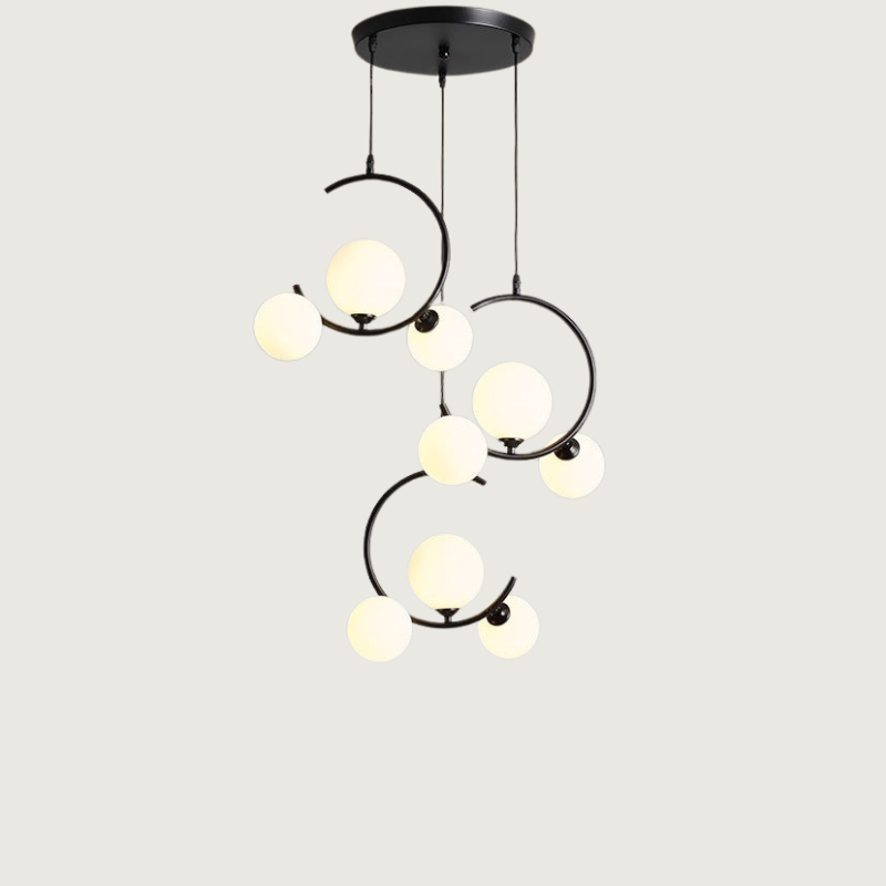 Modern LED Pendant Light Black Curved Arms With Glass Globes - Product showcase
